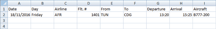 Example of a flight on a spreadsheet software